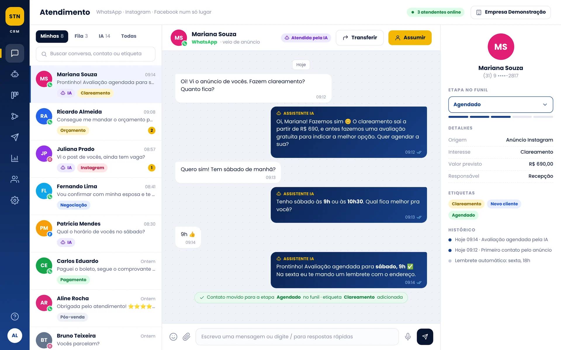 Tela de atendimento do STN CRM: lista de conversas do WhatsApp e Instagram e o agente de IA agendando um horário com a cliente