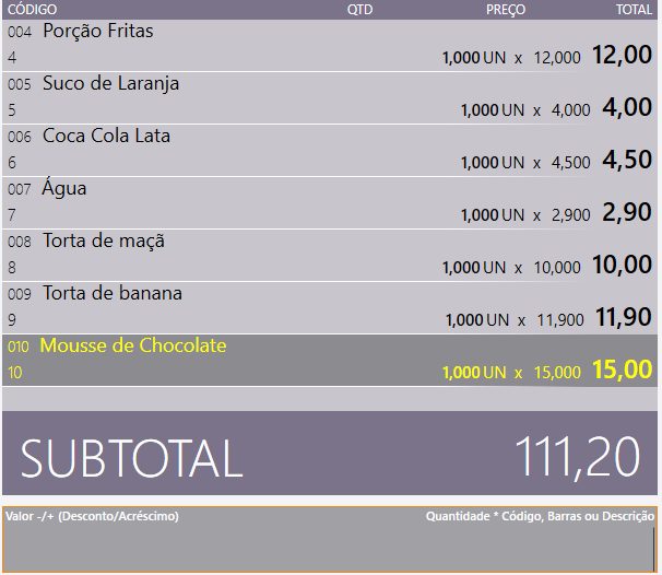 Caixa do restaurante com os itens da conta e subtotal.