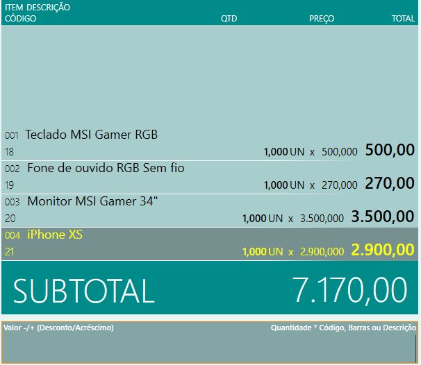 Tela do caixa com itens da venda e subtotal